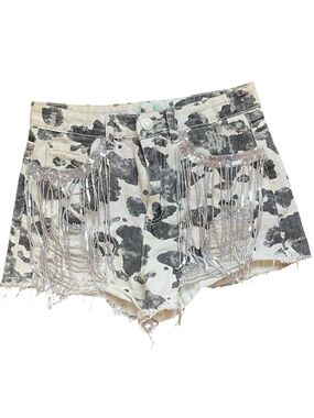 Cow Print Fringe Denim shorts